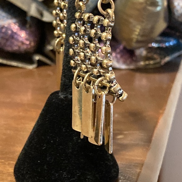 NWOT - Trendy Boho Brassy Ball & Rectangular Fringe Dangle Pierced Earrings - Picture 3 of 12